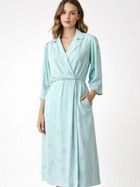 Vintage Aqua Polka Dot Midi Dress Draped Front Lightweight Summer Dress 80s 90s